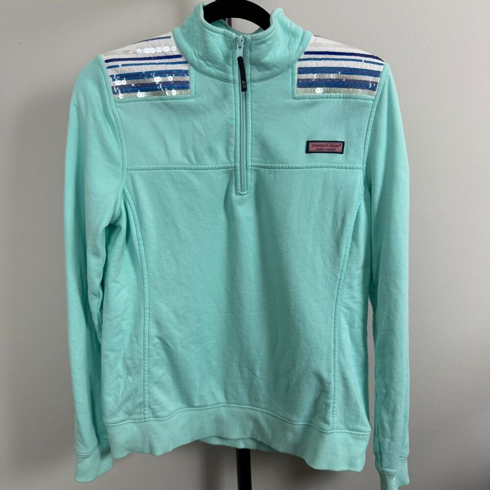 Vineyard Vines Sequin Shoulder Striped Shep Shirt Quarter Zip Pullover Mint Smal
